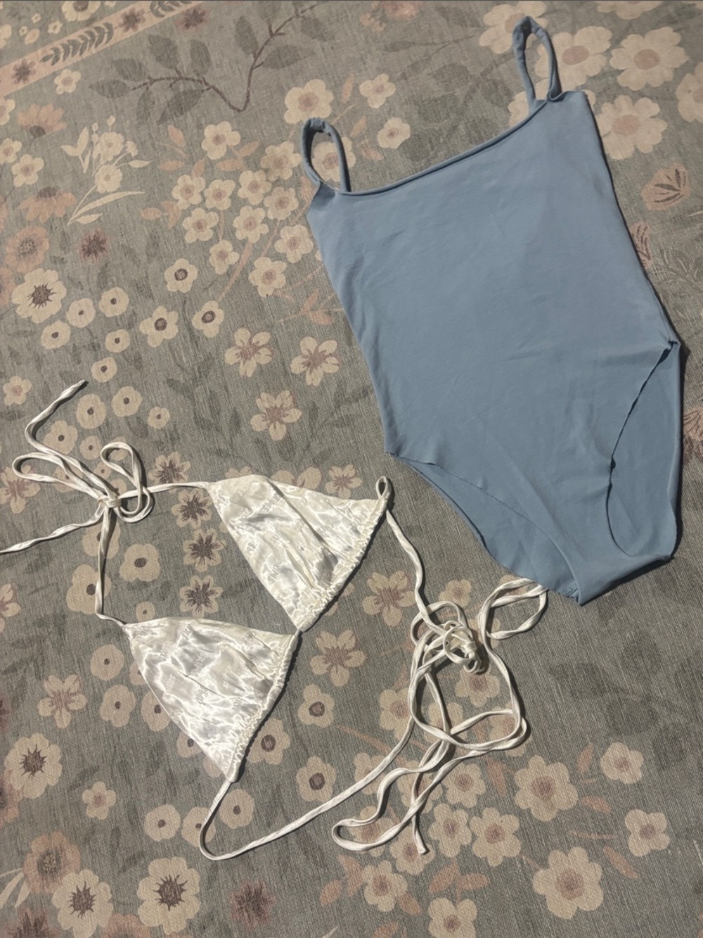 SKIMS Light Blue bodysuit & cream logo Triangle Bikini Top/bralette